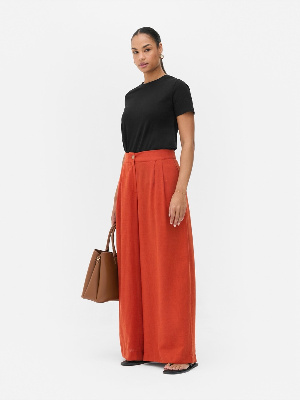 Primark Burnt Orange Linen Blend Palazzo Wide Leg Medium Trousers Pants